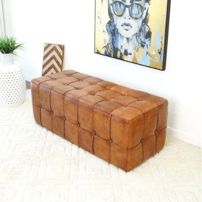 Benjiro Tan Leather Bench Ottoman Stool Leather Footstool Bench 17.7H X 47.2W X 19.7D