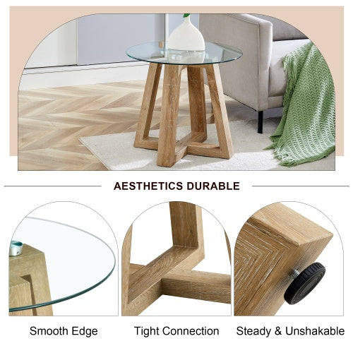 Modern And Practical Round Table. Made Of Clear Tempered Glass Top And Wood-coloured MDF Material. Suitable For Living Rooms And Bedrooms