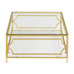 Square Glass Coffee Table In 33.5 ,Luxurious Geometric Metal Frame,Gold Finish  Lower Shelf