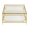 Square Glass Coffee Table In 33.5 ,Luxurious Geometric Metal Frame,Gold Finish  Lower Shelf