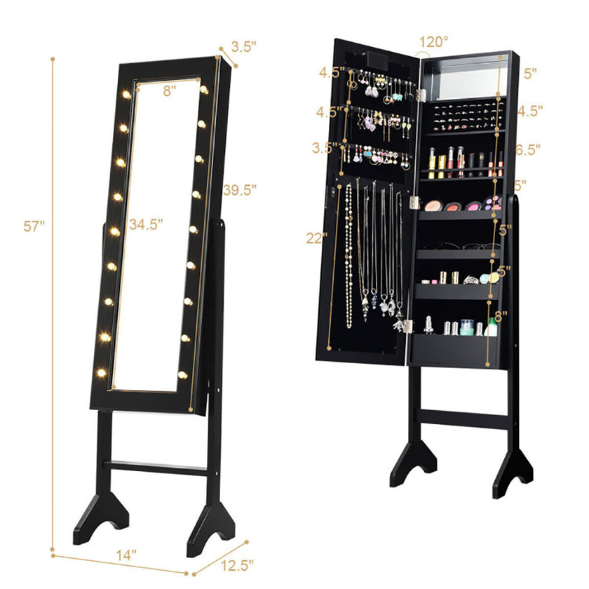 Mirrored Standing Jewelry Armoire Cabinet With LED Lights