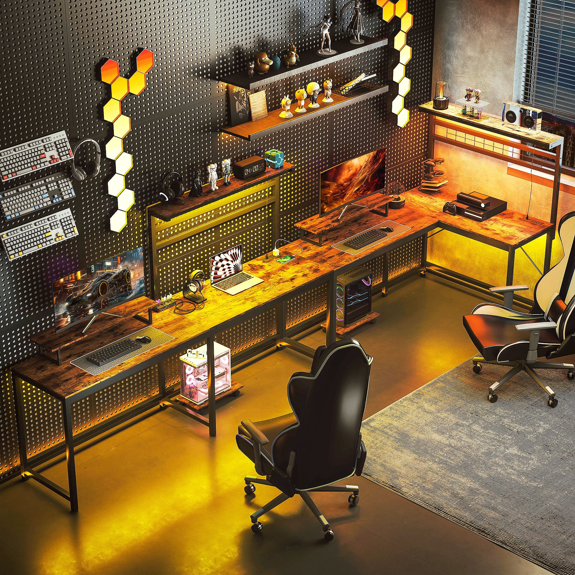 61.6 L Shaped Gaming Desk With Power Outlets & LED Lights, Computer Desk With Monitor Stand And CPU Shelf, Rustic Brown
