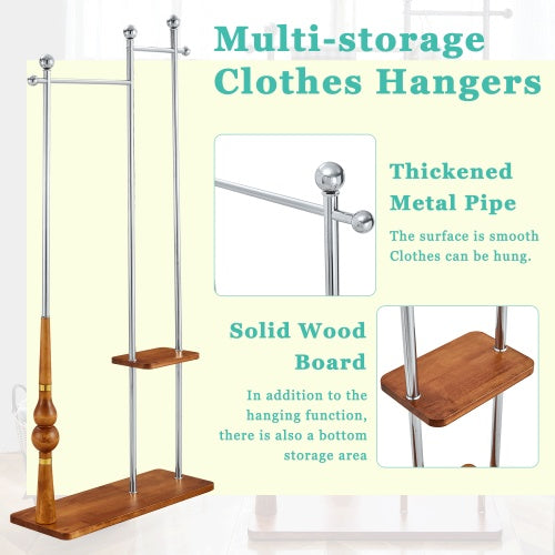 70  Industrial Coat Rack, Solid Wood & Silver Stainless Steel Clothing Rack, Double Layer Hanger For Coats, Hats, Bags, Shoes, Vintage Wood Grain  34.6  Wide