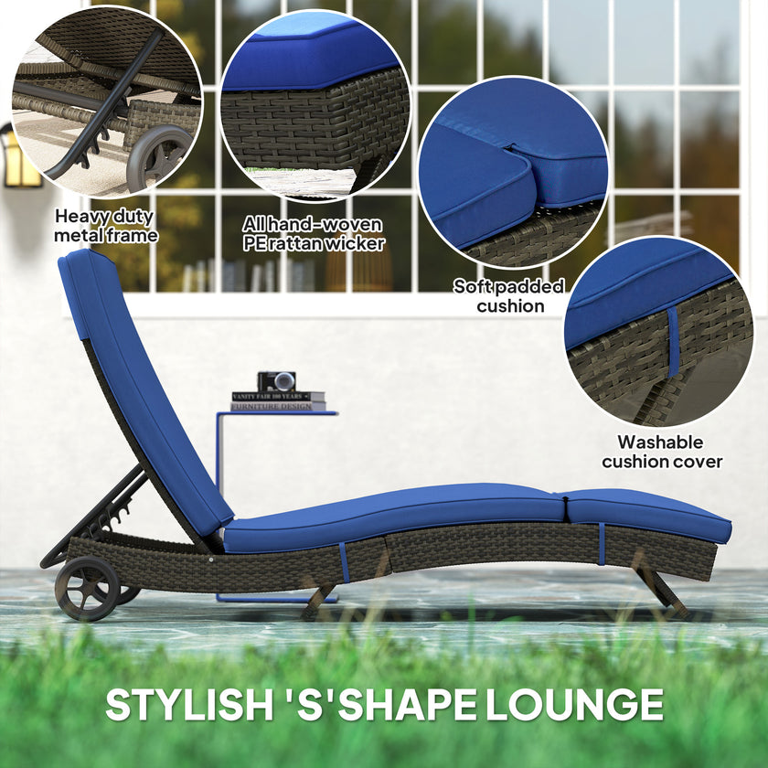 Patio Wicker Chaise Lounge Chair, Outdoor PE Rattan Sun Lounger With Adjustable Backrest And 2 Wheels, Dark Blue