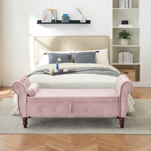 63.38Velvet Multifunctional Storage Rectangular Ottoman Bench Comes With Crystal Buckle Solid Wood Legs With 1 Pillow