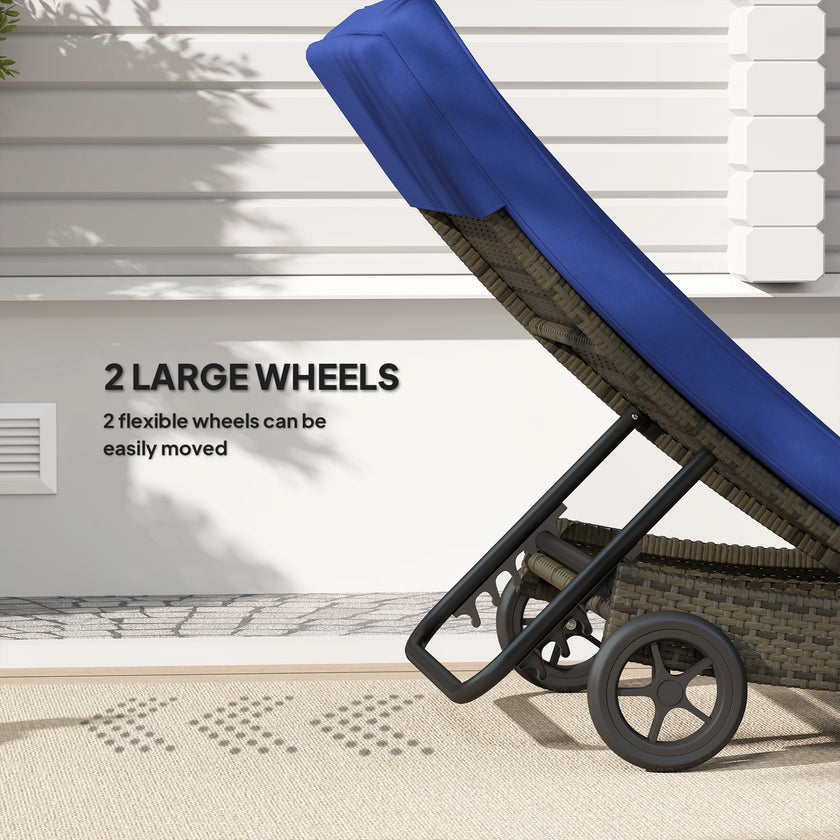 Patio Wicker Chaise Lounge Chair, Outdoor PE Rattan Sun Lounger With Adjustable Backrest And 2 Wheels, Dark Blue