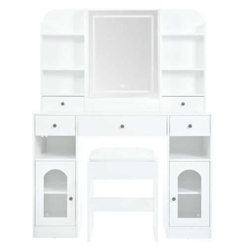 43.2 Vanity Desk With LED Mirror And Lights, Glass Top Vanity With RGB Glass Light Cabinets, Dressing Table With 5 Drawers ,Storage Shelves And Stool For Bedroom, White