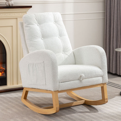 LY-5104 WHITE Accent Rocking Chair With Footrest High Back Rubber Wood Rocking Legs Bedroom Living Space 26.77D X 38.36W X 39.76H Inch