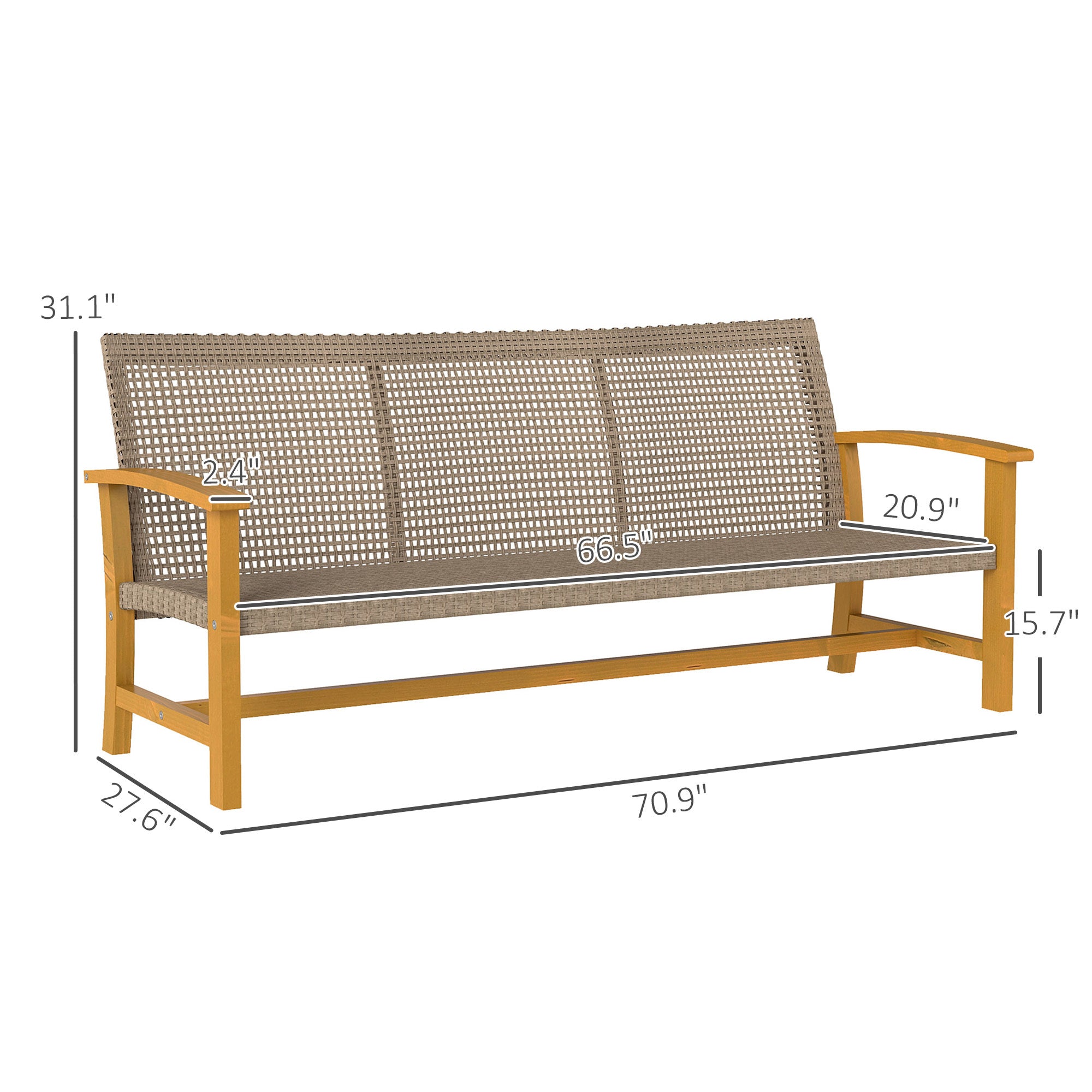 3-Seat Wicker Outdoor Couch Patio Sofa, Acacia Wood Patio Furniture With Steel Seat Armrests, Capacity, Teak