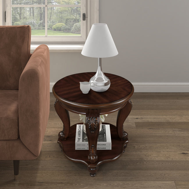 22'' Retro Round End Table,Solid Wood Sofa Side Table With Shelf,Living Room Corner Table Easy Assem