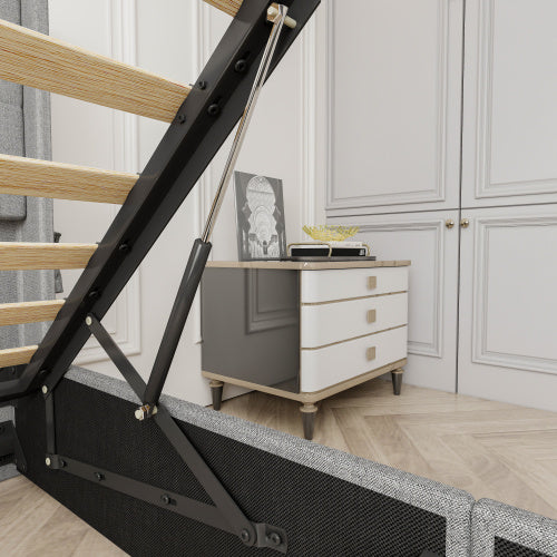 Queen Size Bed Frame With Storage - Lift Up Storage Bed With Modern Wingback Headboard, USB Ports