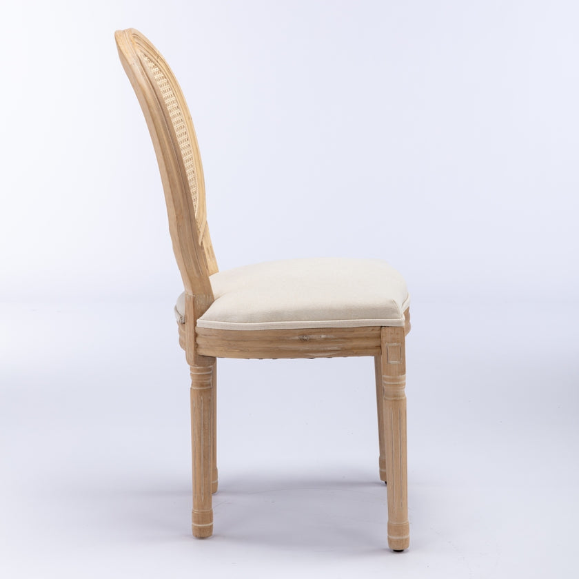 A&A French Style Solid Wood Antique Linen & Rattan Back Dining Chair