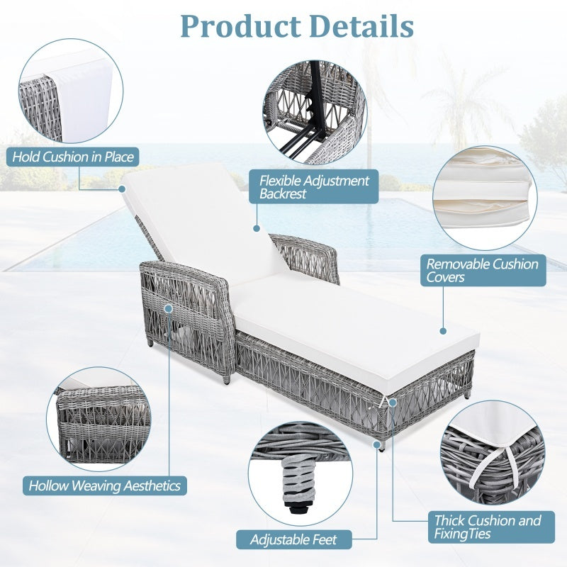 Outdoor Long Lounge Chair, Wicker Lounge Chair With Armrests, Adjustable Terrace Lounge Chair With Detachable Soft Cushions, All-weather Rattan Pool Lounge Chair, Beige