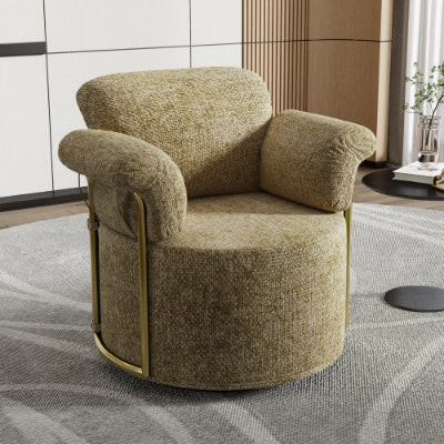 360 Degree Barrel Swivel Accent Sofa Chair,Fluffy Fabric Lounge Wide Upholstered Reading Chair With Gold Metal Legs, Comfortable Round Armchair For Living Room,Bedroom,Office