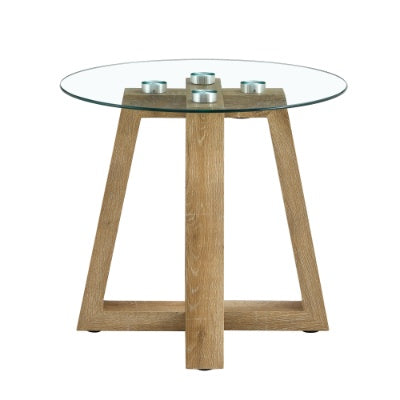 Modern And Practical Round Table. Made Of Clear Tempered Glass Top And Wood-coloured MDF Material. Suitable For Living Rooms And Bedrooms