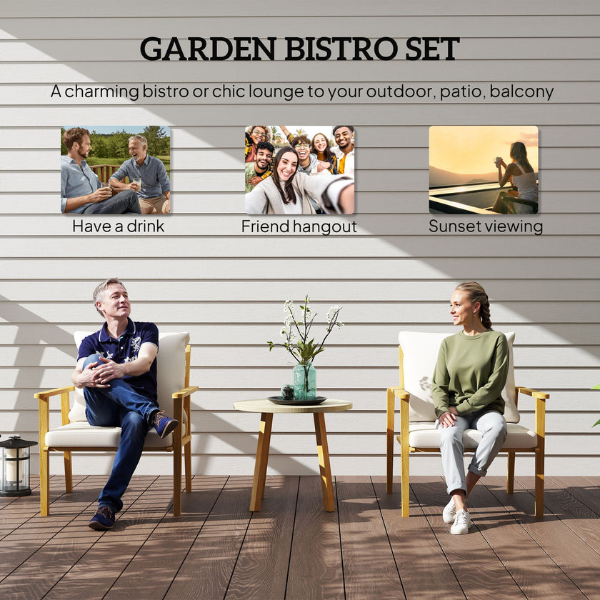 3 Piece Outdoor Bistro Set, Wood Effect Metal Patio Set With Wide And Deep Chairs, Round Table, Cushions, Cream White
