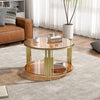 Modern Brown Glass Coffee Table, Asymmetrical Metal, Circular Metal Drum Base, Gold Finish  Lower Shelf