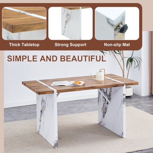 Natural Wood Grain MDF Dining Table   55x31.5 Stable Design.Suitable For Various Modern Home Decor Styles.Splicing Structure Design,Wood Textured Desktop,White Marble Patterned Table Legs
