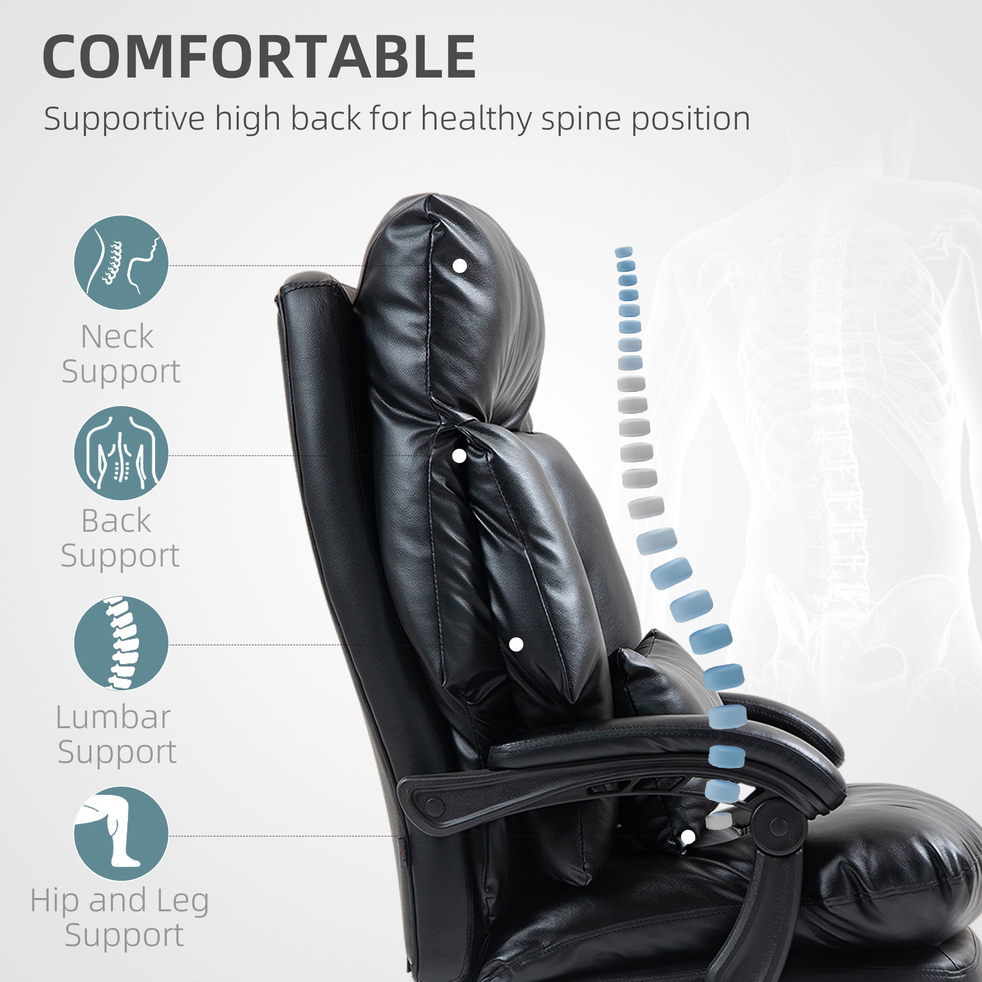 Overstuffed Office Chair, High Back Desk Chair With Foot Rest, Reclining PU Leather Computer Chair, Black