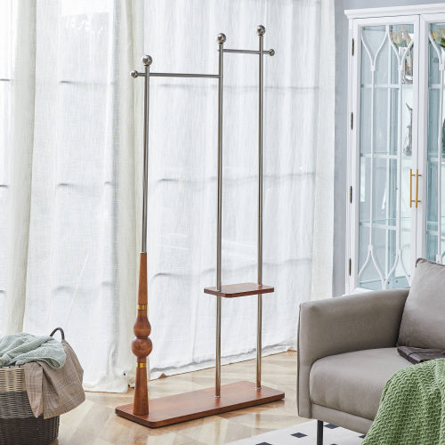 70  Industrial Coat Rack, Solid Wood & Silver Stainless Steel Clothing Rack, Double Layer Hanger For Coats, Hats, Bags, Shoes, Vintage Wood Grain  34.6  Wide