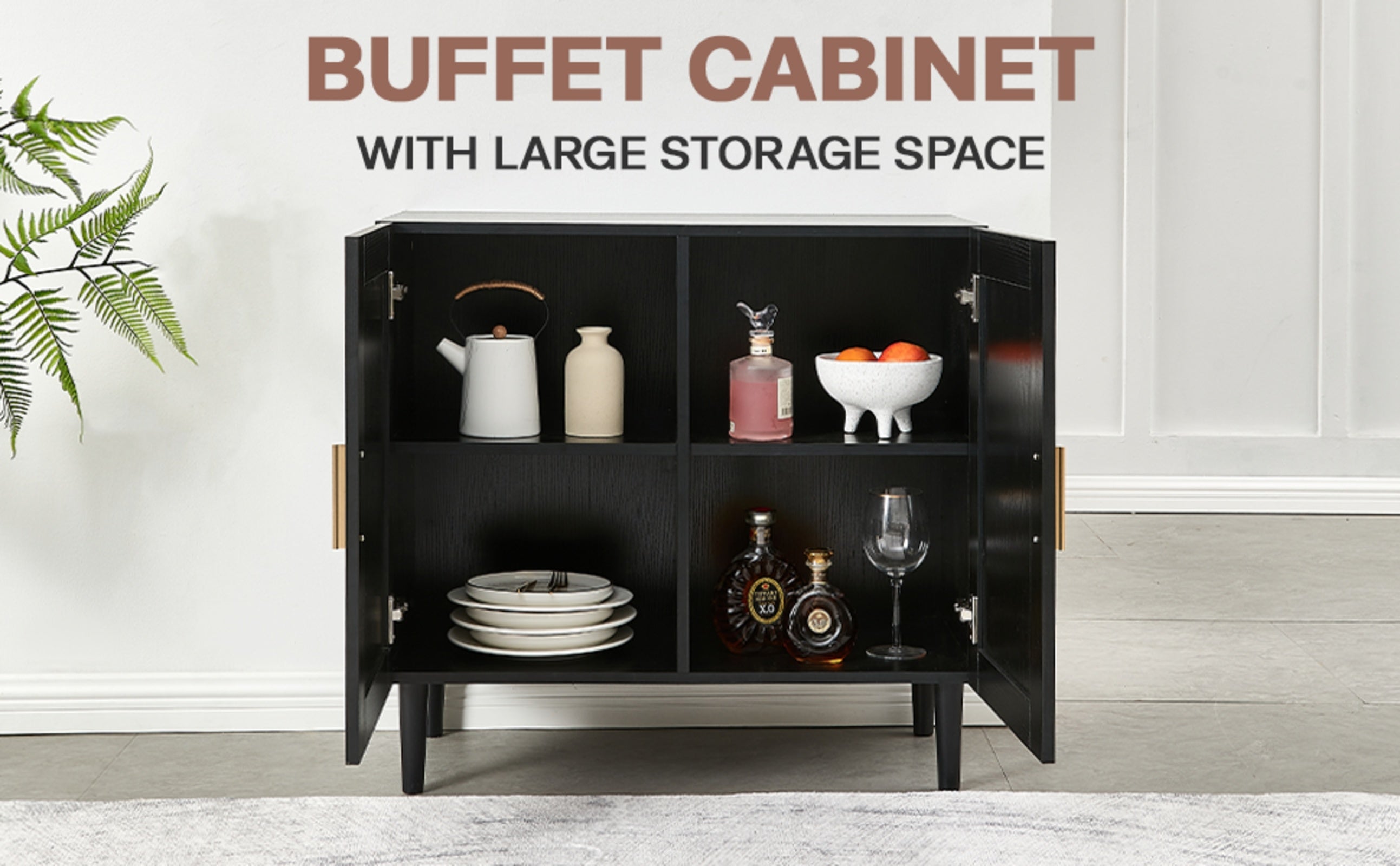 Side Panel Buffet Cabinet With Natural Rattan Door, Rattan Storage Cabinet With Adjustable Shelves,