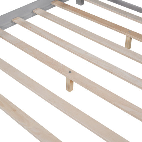 Wood Full Size Platform Bed With Built-in LED Light, Storage Headboard And Guardrail, Antique Grey