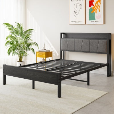 Full Size Bed Frame, Storage Headboard With Charging Station, Solid And Stable, No Box Spring Needed, Easy Assembly