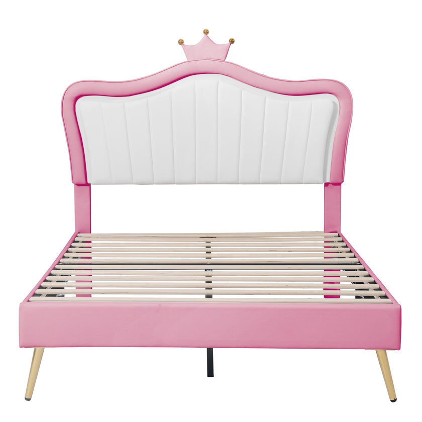 Full Size Upholstered Bed Frame With LED Lights & Crown Headboard