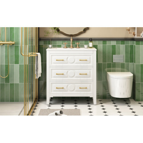 30'' Bathroom Vanity With Ceramic Sink Combo, Free Standing Single Vanity Set With 3 Drawers, Solid Wood Frame Bathroom Storage Cabinet, White