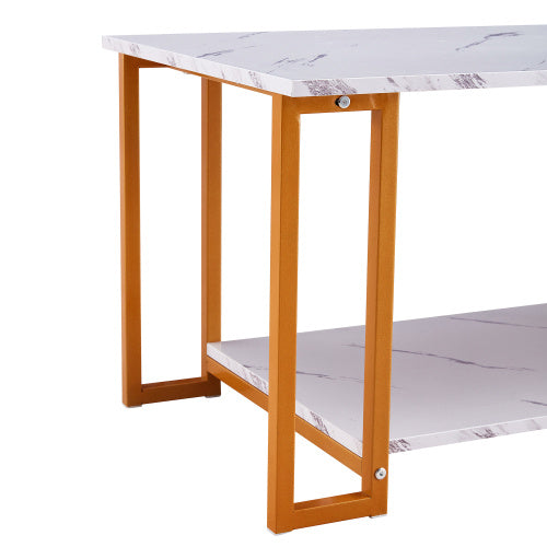 D&N Coffee Table, 2 Layers 1.5cm Thick Marble MDF Rectangle 39.37  L Tabletop Iron Coffee Table , Dining Room, Coffee Shop, Resterant, White Top, Gold Leg