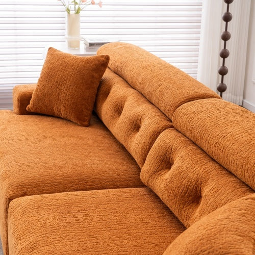LY-029 ORANGE COMPRESSION SOFA 4-seater Combined Sofa, Wood Grain Chenille Fabric, Full Sponge Compression Sofa,combined Sofa With 2 Pillows For Living  Home Furniture  Apartment