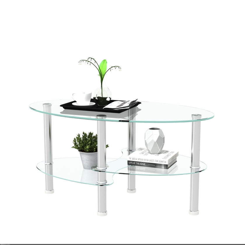 Transparent Oval Glass Coffee Table, Modern 3-Layer With Stainless Steel Leg