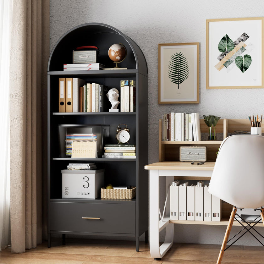 Metal Arched Bookshelf, Accent Arch Kitchen Pantry Cabinet With Drawer For Home Office Bar Living Room Farmhouse ,Black