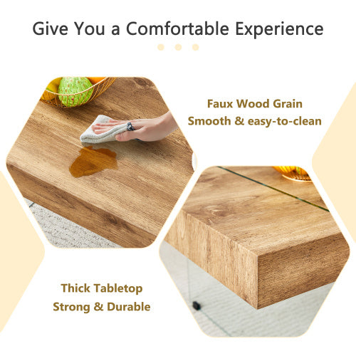 43.x23.6 Wood Colored Texture Sticker MDF Coffee Table With Tempered Glass Legs.Suitable For Living Room.It Can Be Used Not Only As A Coffee Table But Also As A Side Table Or Display Stand.