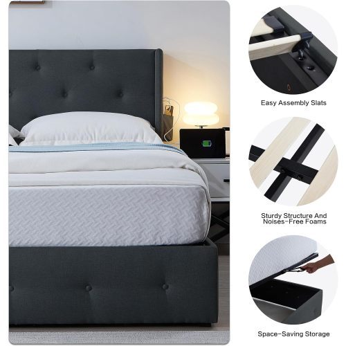 Full Size Bed Frame With Gas Lift Storage Bed With Modern Wingback Headboard, USB