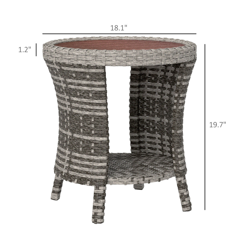 18 Wicker Outdoor Coffee Table, PE Rattan Patio Side Table With 2-Tier Storage, Composite Wood Top, Mixed Gray