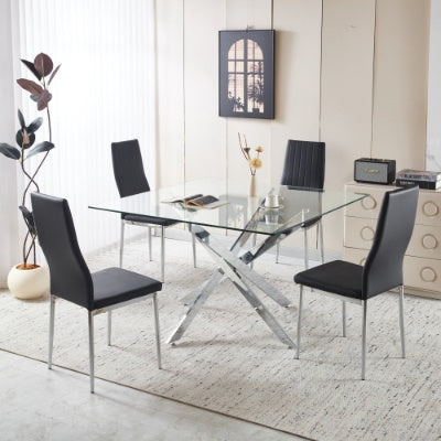 Chrome Dining Table With Cross Metal Leg And Glass,Modern Space Saving Kitchen Table For Living Room,120x120x75cm Square Glass