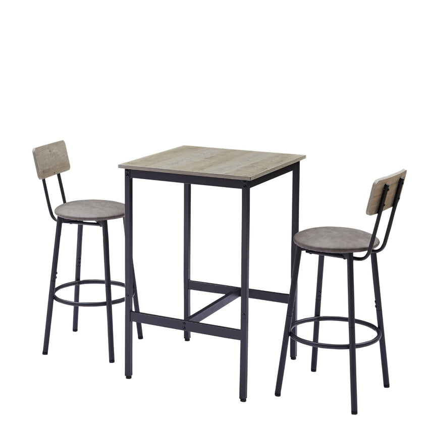 Bar Table Set With 2 Stools, PU Soft Seat & Backrest, Grey, 23.62 W X 35.4 H