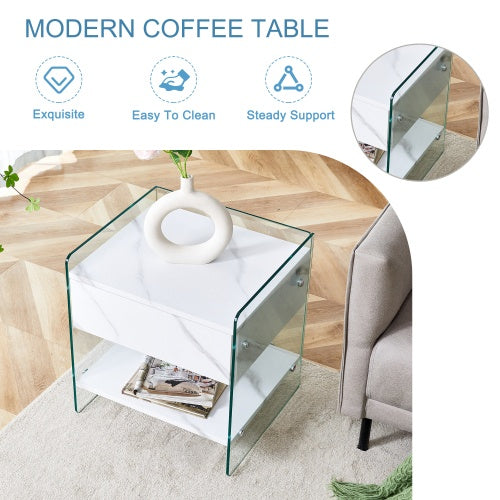 Bedside Table With Drawers. The Board Surface Is MDF Sticker, And Both Sides Are Transparent Tempered Glass. The Design Is Simple And Elegant, With Excellent Storage Functions
