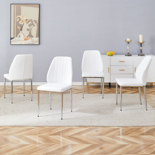Set Of Four White PU Comfort Dining Chairs 17.7x25Dining Chair With Extended Backrest,WHITE PU,Silver Metal Legs,Suitable For Various Places Such As Family Restaurants, Hotels, Coffee Shops,etc.