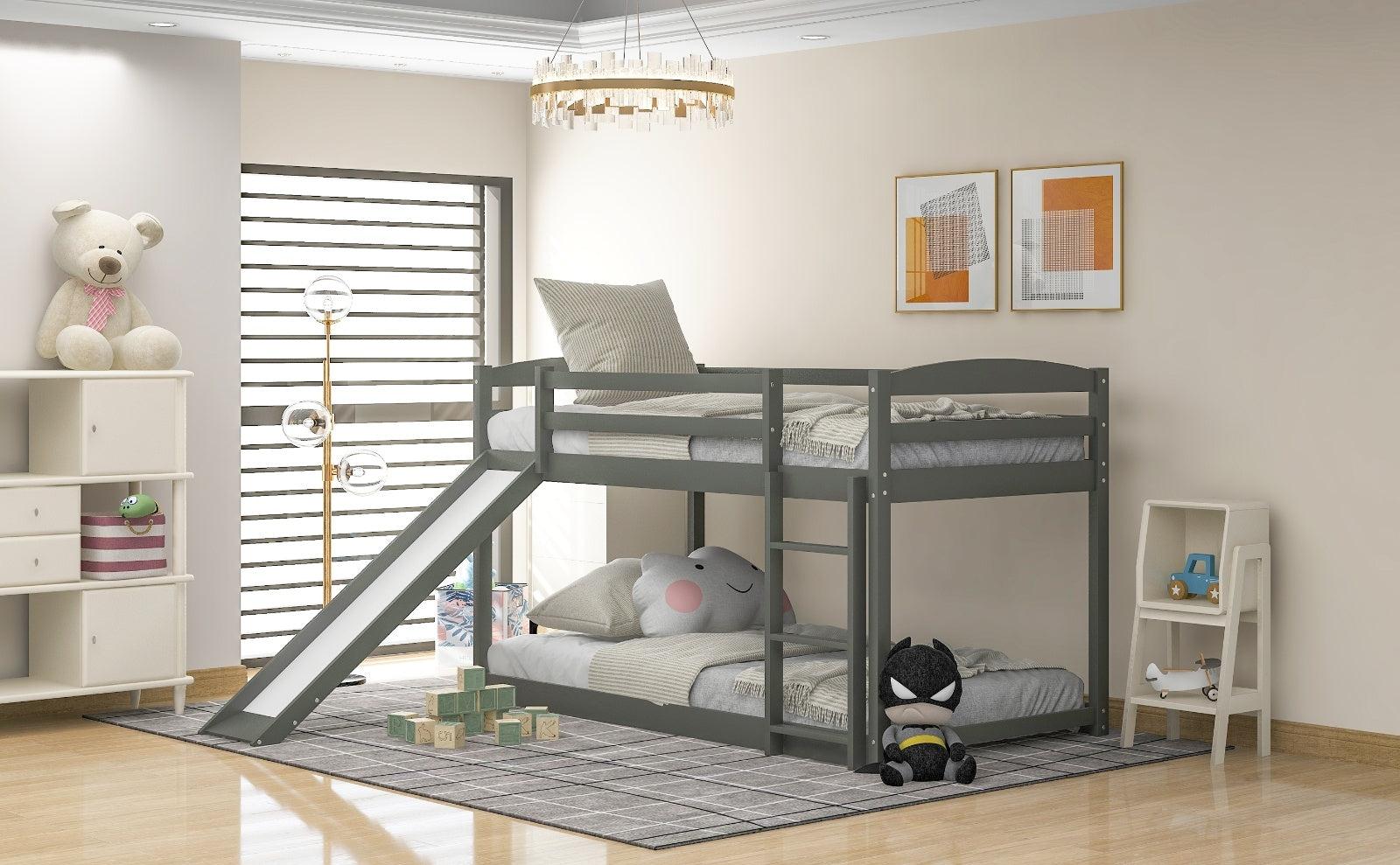 Gray Twin Twin Bunk Bed Convertible Slide Ladder