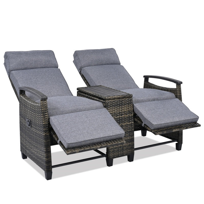 Terrace Lounge Chair Double Sofa, Adjustable Backrest Willow Outdoor Leisure Chair Set, Equipped With Acacia Wood Armrests And Built-in Storage Table, Gray, Prohibited Platform Temu