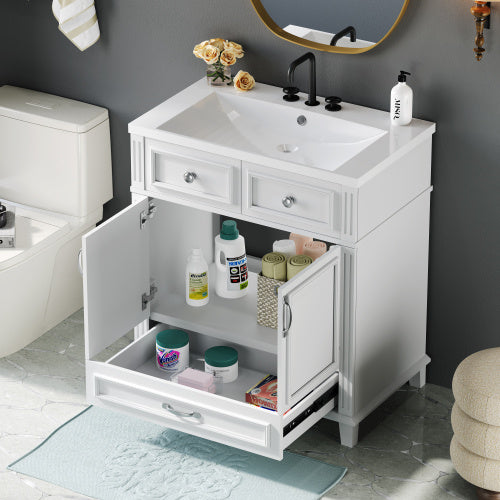 30'' Bathroom Vanity With Resin Sink, Solid Wood Frame Bathroom Storage Cabinet With Soft Closing Doors, Retro Style, White