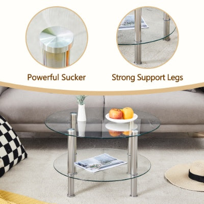 Contemporary Minimalist Double Layer Tempered Glass Coffee Table  27.5 Top And 23.6 Bottom.Reinforced Glass Tabletop,Stainless Steel Silver Plated Legs