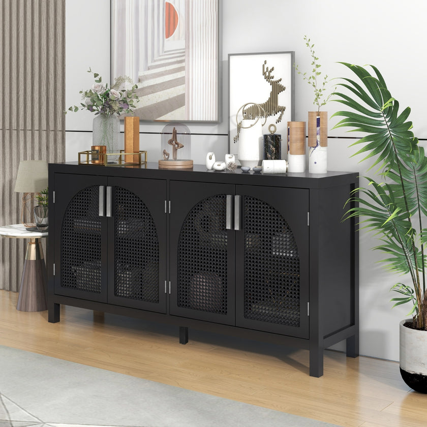 TREXM Sideboard With Rattan Door & Metal Handles For Living Room