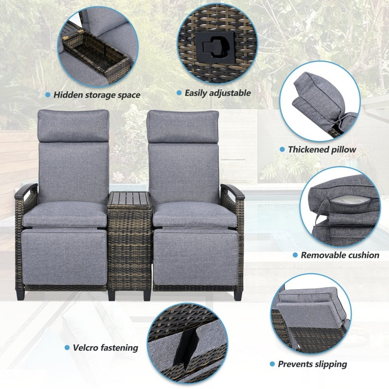 Terrace Lounge Chair Double Sofa, Adjustable Backrest Willow Outdoor Leisure Chair Set, Equipped With Acacia Wood Armrests And Built-in Storage Table, Gray, Prohibited Platform Temu