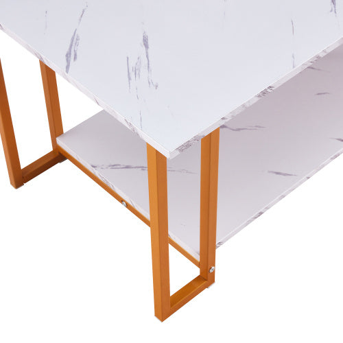 D&N Coffee Table, 2 Layers 1.5cm Thick Marble MDF Rectangle 39.37  L Tabletop Iron Coffee Table , Dining Room, Coffee Shop, Resterant, White Top, Gold Leg
