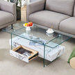 43.3 Inch Modern Two-Tier Coffee Table - Clear Tempered Glass And Natural Wood Grain, Multifunctional Storage Design.The Bottom Tier Includes A Drawer.Can Be Used As A Coffee Table,side Table,etc