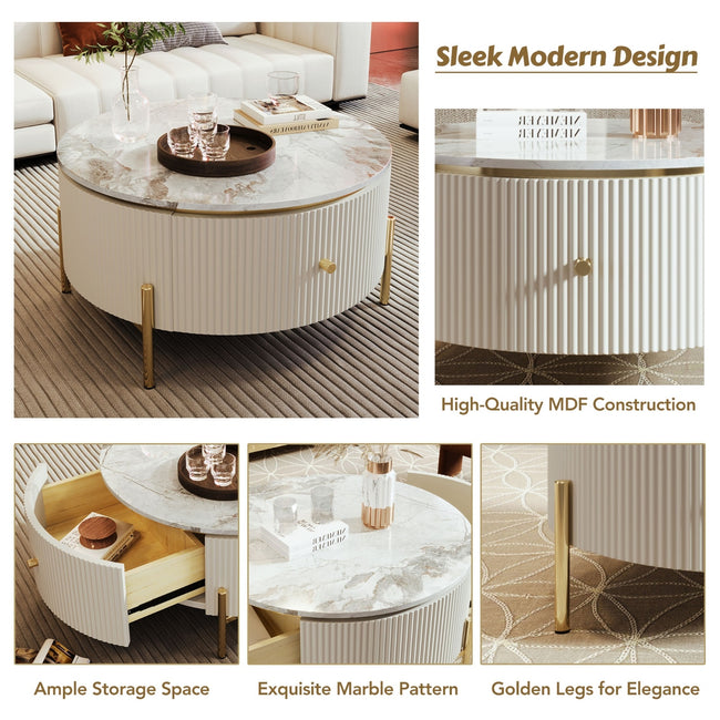 Modern Round Coffee Table With 2 Large Drawers Storage Accent Table  31.5