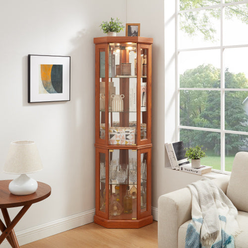 Corner Glass Cabinet Lighted Curio Cabinet Corner Display Case For Living Room, Curio Cabinet, Antique Collection, Wine,Bar Glass Storage Light Included,Dark Cherry